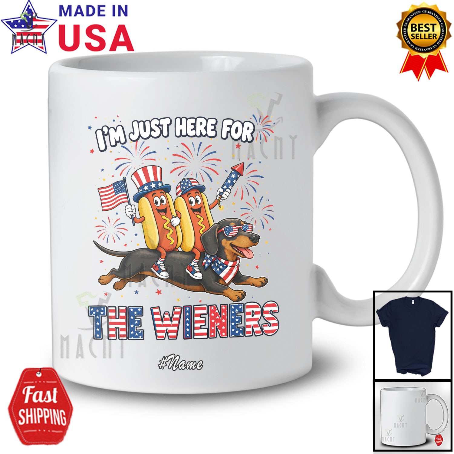 Custom Name Here For Wieners; 4th July Hotdog Riding Sausage Dog Patriotic Shirt gallery