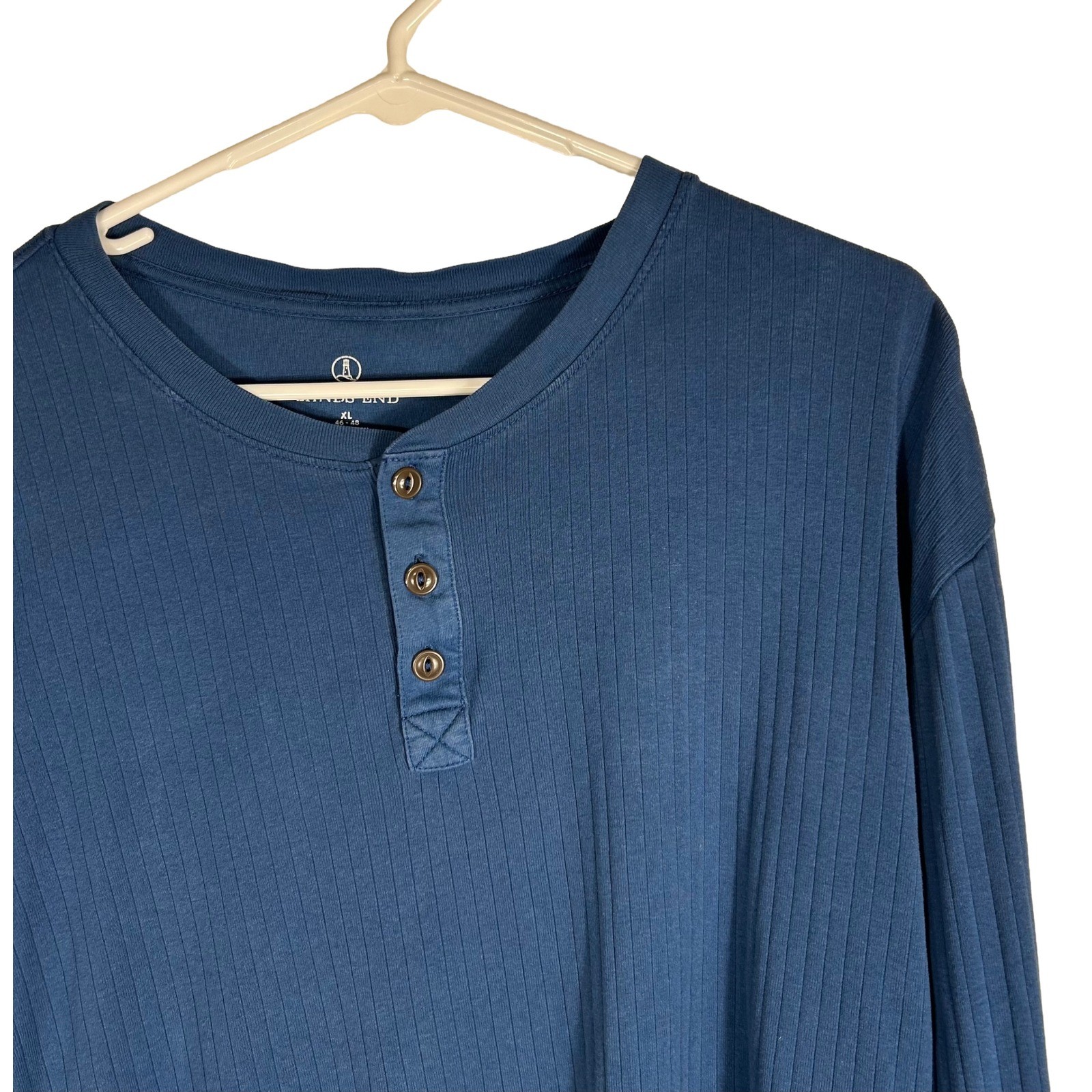Lands End Mens XL Blue Ribbed Long Sleeve Henley Shirt 100% Cotton Casual Top gallery