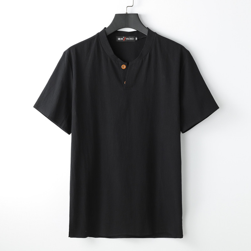 Men's Stand-up Collar Short Sleeve Cotton Hemp Summer T-shirt Loose Linen V-neck gallery
