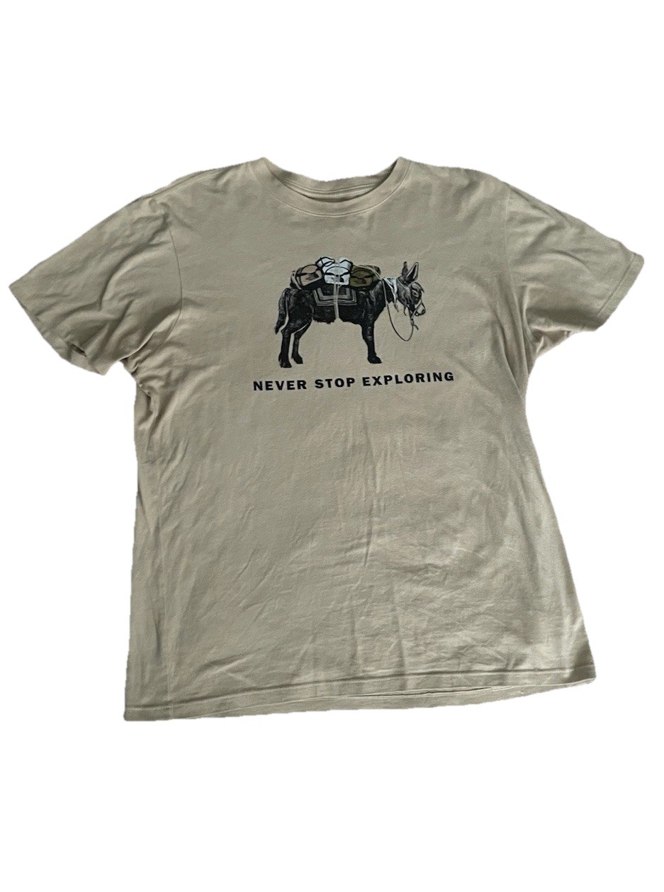 The North Face Pack Mule Donkey Burro Never Stop Exploring Tan T-Shirt Mens L gallery