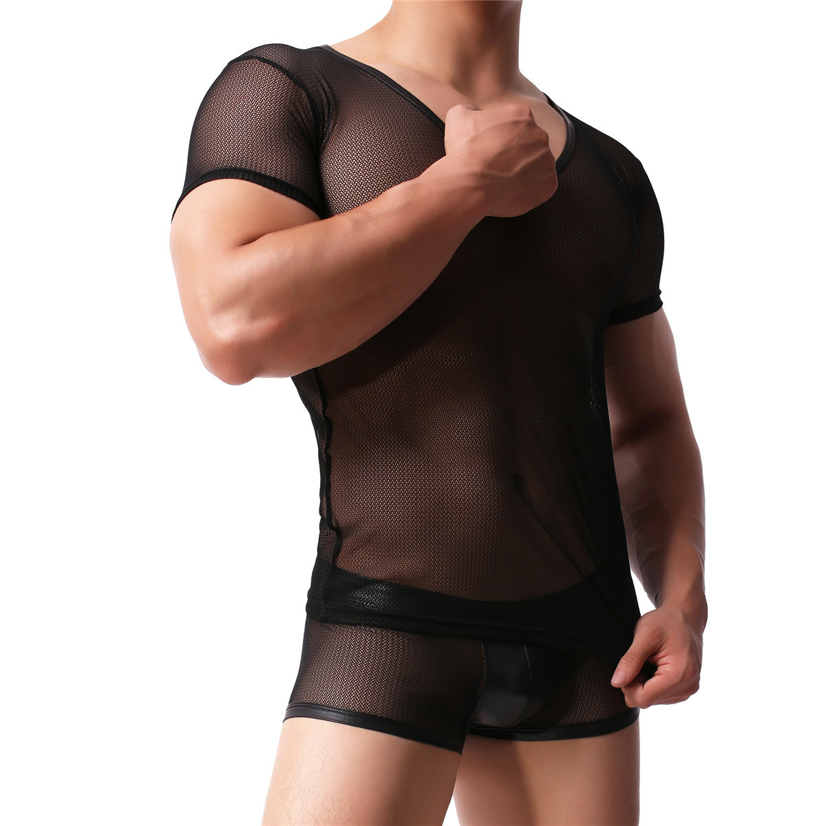 Men Mesh Transparent T-shirt Gym Training Tank Top Net Sport Sheer Boxers Shorts gallery