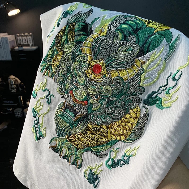 Men Embroidery Dragon Graphic T-Shirt Casual Short Sleeve Crewneck Cotton Tee gallery