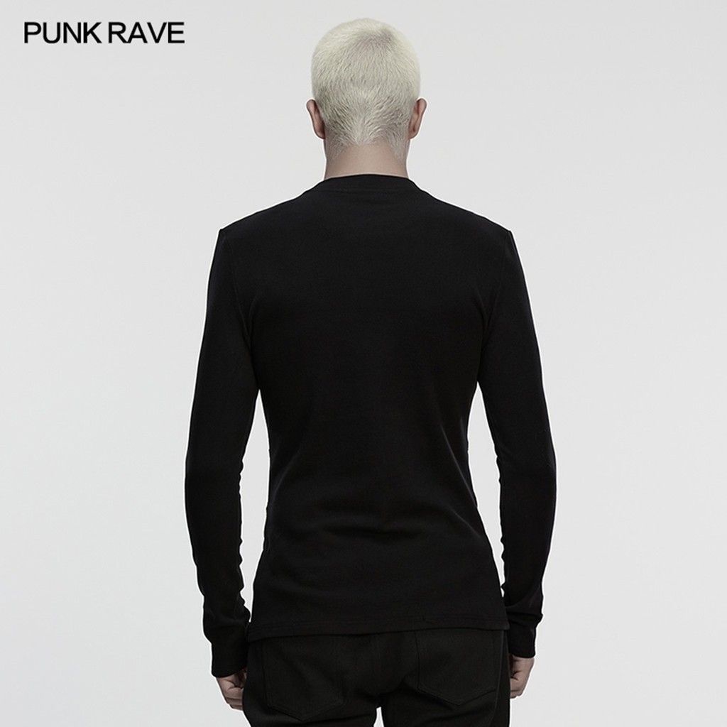 Punk Rave Men Black Gothic Handsome Punk Splicing Knitted T-Shirt Slim Fit Tops gallery