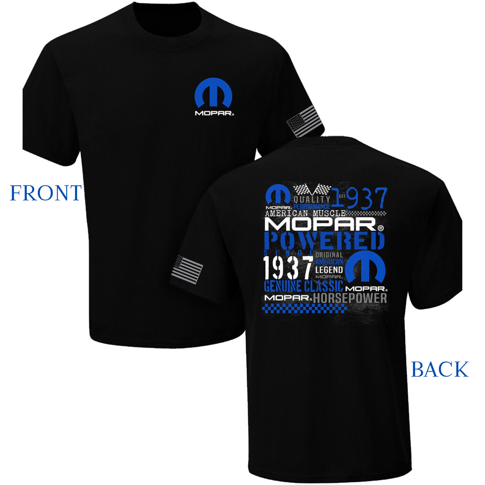Mopar 1937 Logo Rally Stripe Short Sleeve Cotton T-Shirt Black Official Licensed