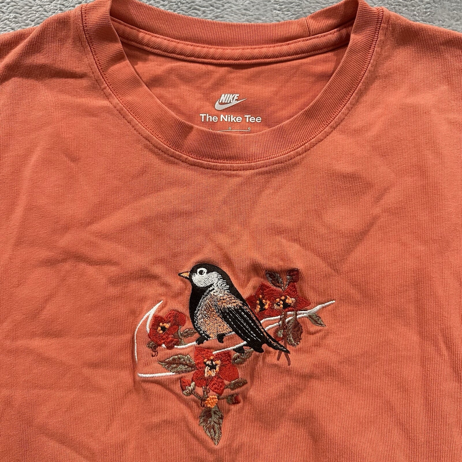 Nike T-Shirt Men's Large Embroidered Finch Floral Swoosh Orange Short Sleeve gallery