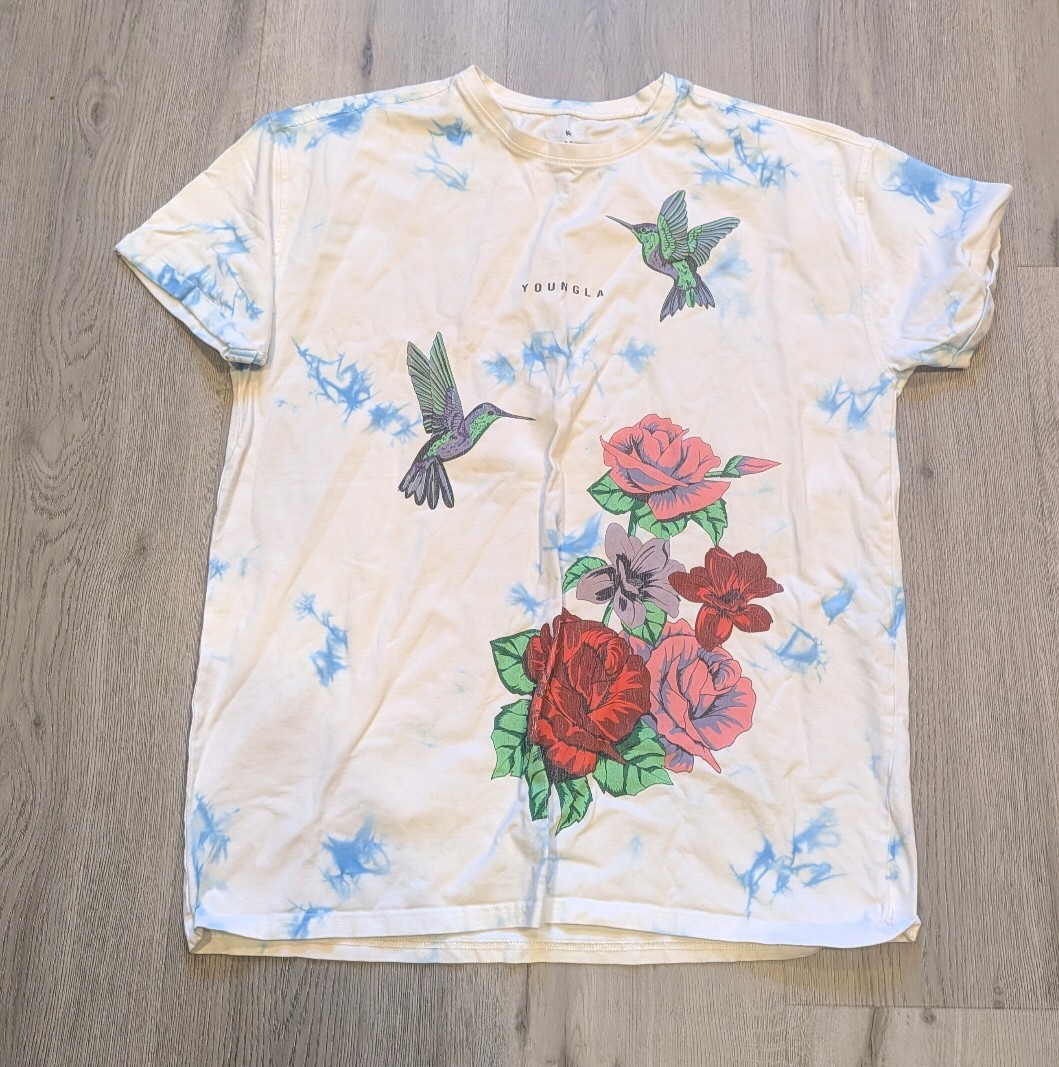 YoungLA Shirt Mens Small White Blue Tie Dye Hummingbird Floral Graphic Tee Top