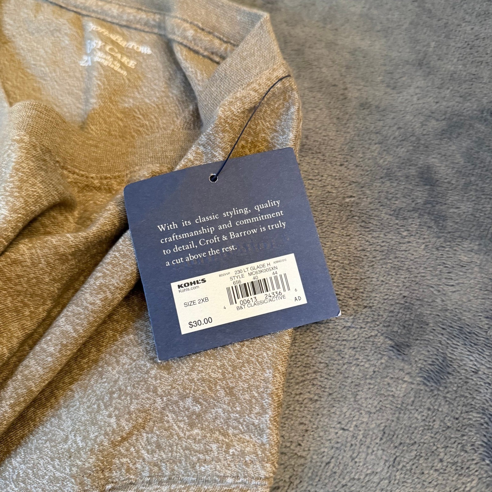 Croft & Barrow Easy Care V-Neck Long Sleeve Tee Heathered Tan Mens 2XB NWT gallery