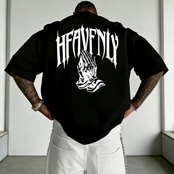 Men’s Gothic font prayer hands religious faith print, minimalist dark street