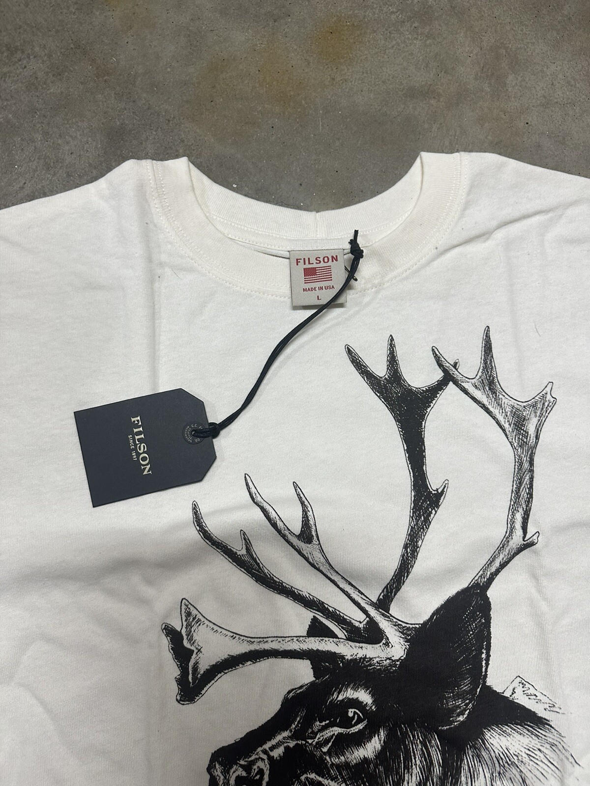 NWT Filson Caribou Short Sleeve T Shirt Pioneer Graphic White Black Made in USA gallery
