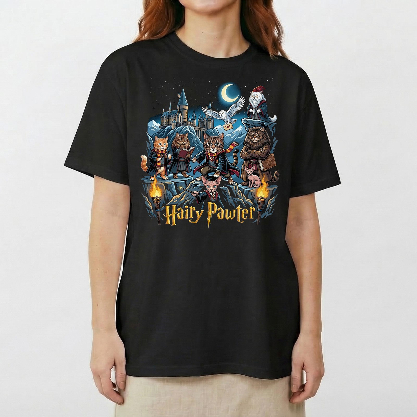 Hairy Pawter Wizard Magic Cat t-shirt Hogwarts Castle Kitten Owl Fantasy tee gallery