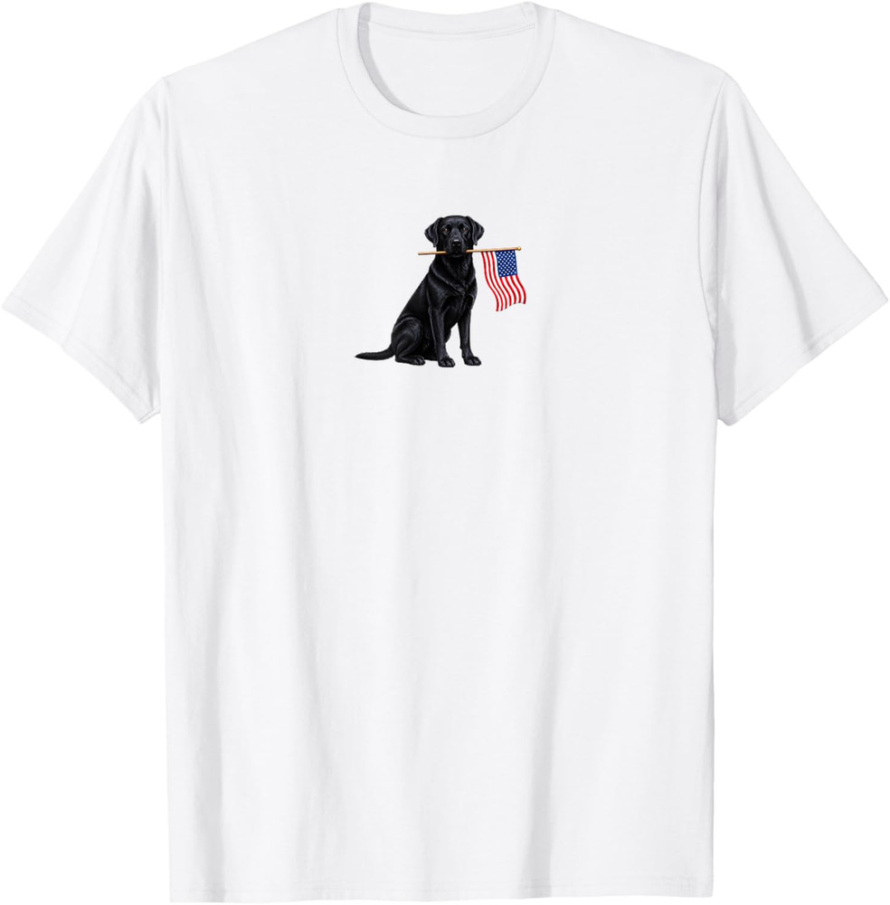 Black Labrador Retriever Holding American USA Flag 4 of July T-Shirt Gift S-5XL