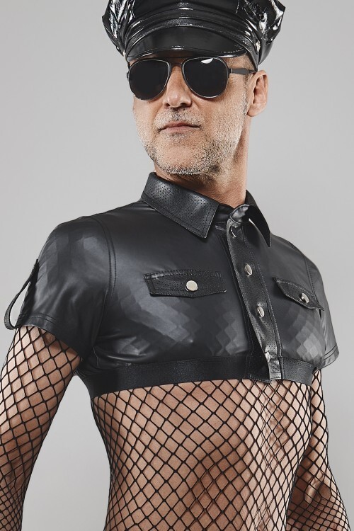 Men’s Cross-dressing Black Wet Look Crop Top Mesh Sleeve Shirt | Clubwear gallery