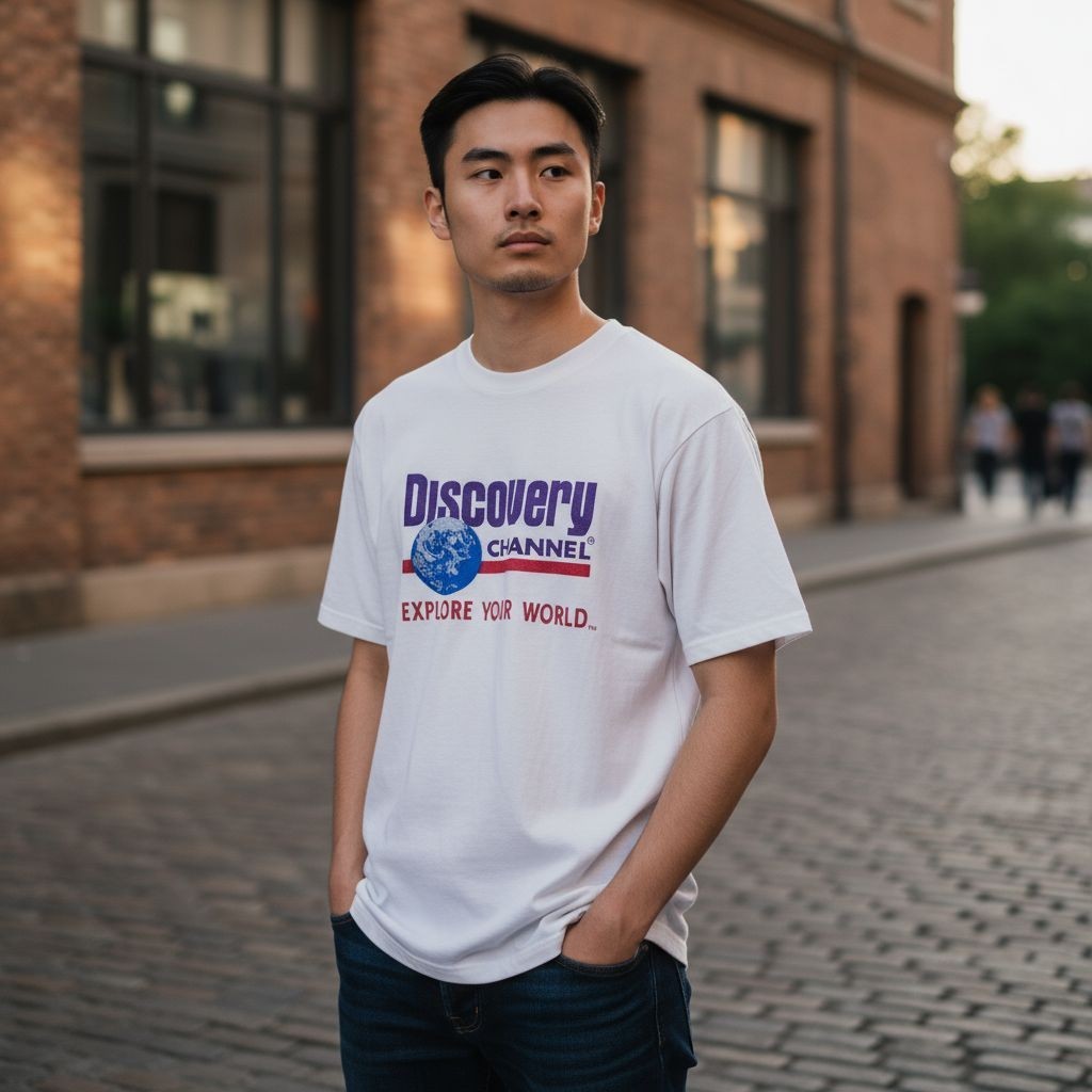 Retro Discovery Channel Embroidered T-shirt Shirt White Sz Small TALL Retro 90s gallery