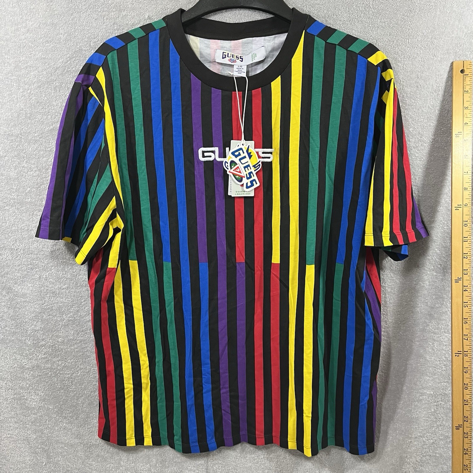 Guess x J Balvin Mens Large Elevator Striped T- Shirt Embroidered Multicolor NWT