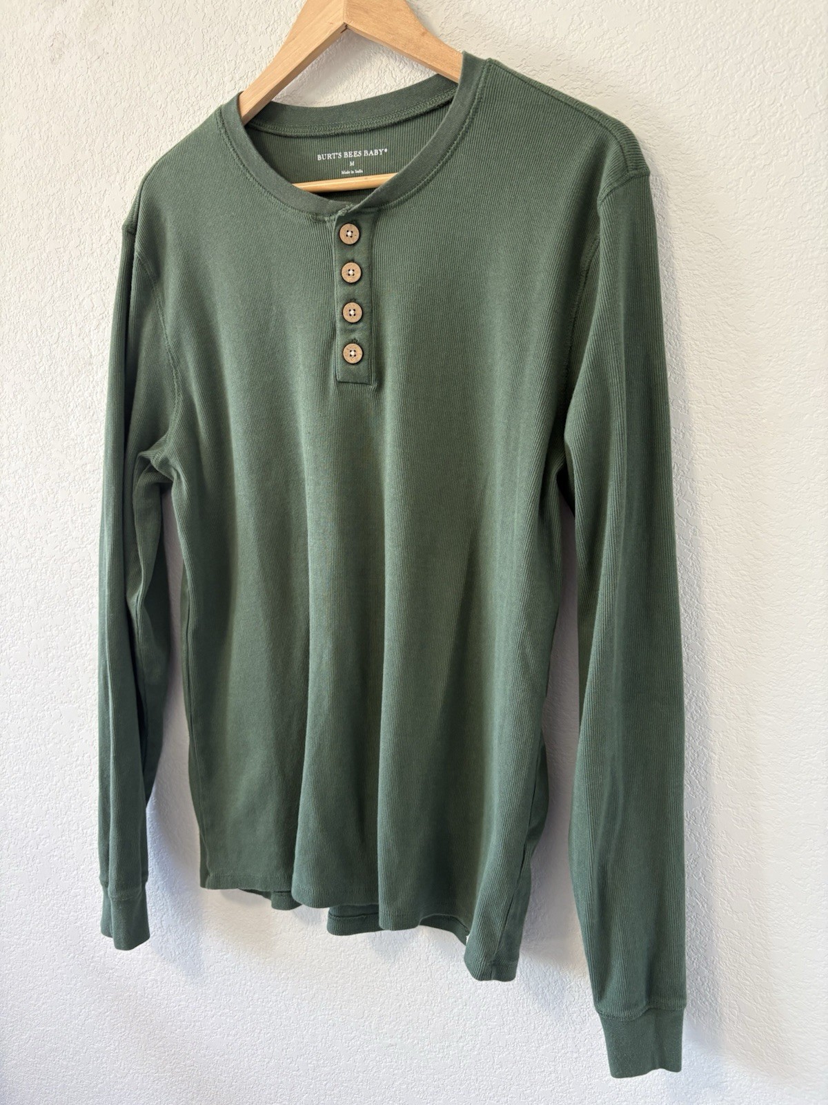 Burt’s Bees Baby Mens Medium Organic Cotton Henley Shirt Green Rib Knit Thermal gallery
