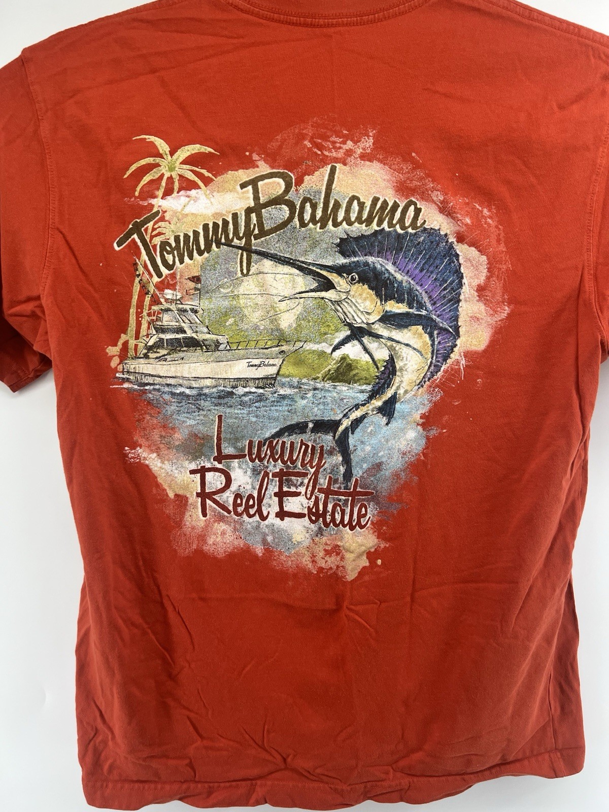 Tommy Bahama Large T Shirt Luxury Reel Estate Orange Graphic Fishing Marlin S/S