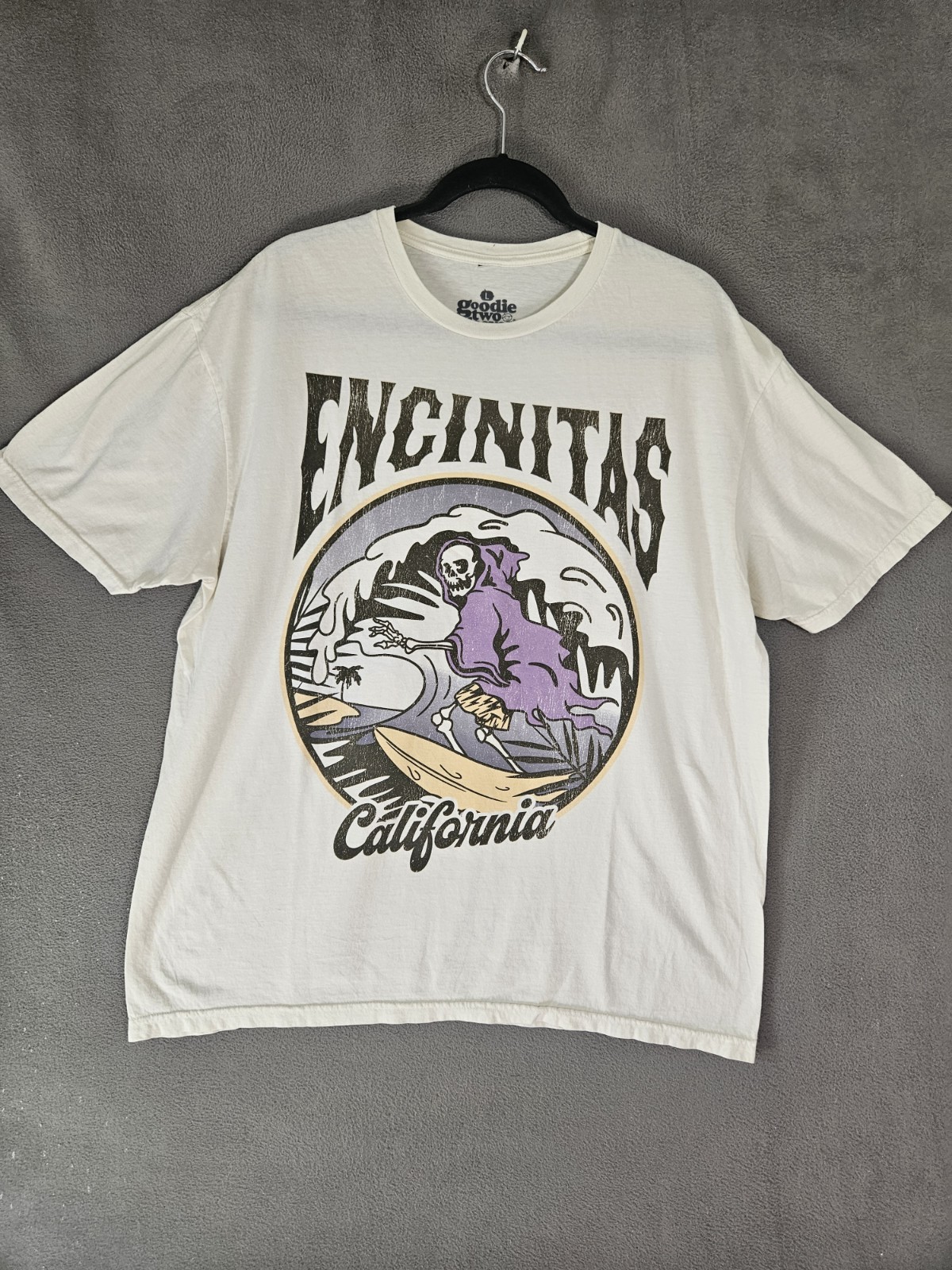 Goodie Two Sleeves Mens L Tee Shirt Graphic Encinitas California Surf Skeleton
