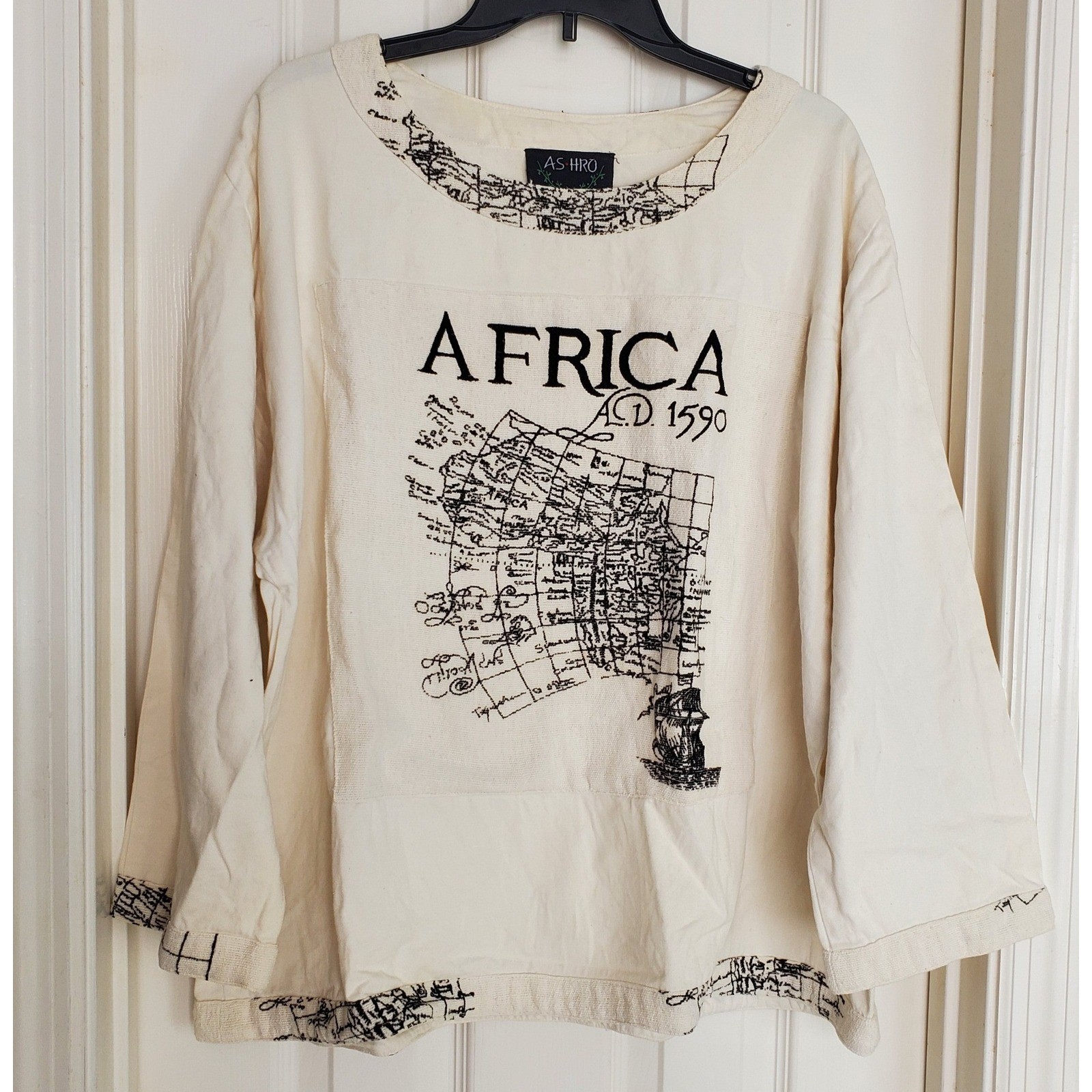 Ashro Africa AD 1590 Map Graphic Long Sleeve Cotton Top Cream Mens Medium gallery