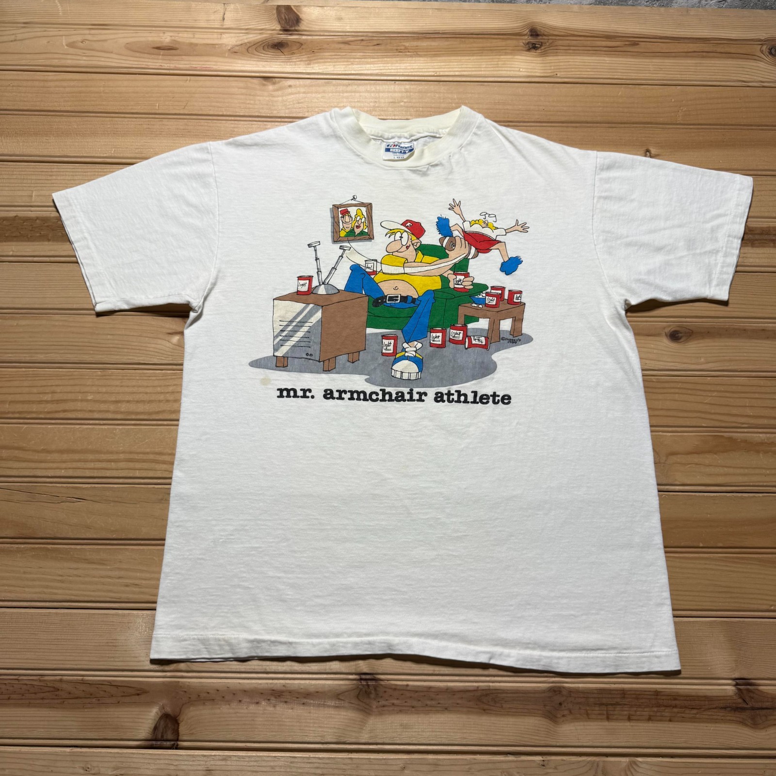 Vintage 80s 1989 Mr Armchair Athlete Cartoon Beer Funny Dad Core Shirt USA Large gallery