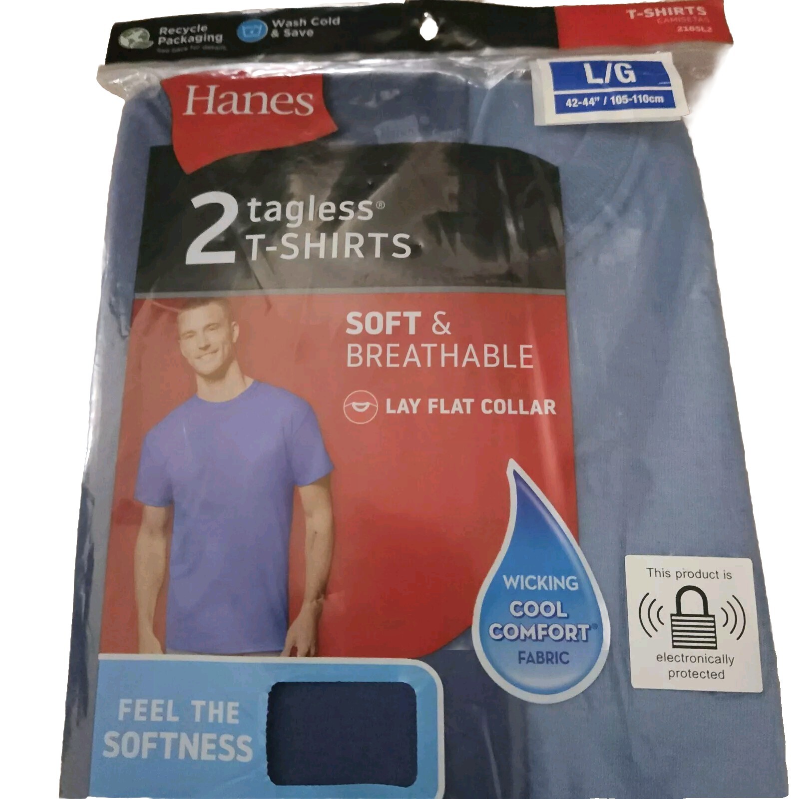 2 Pack LARGE Blue Mens Hanes Tagless T-Shirts Soft & Breathable Wicking Fabric gallery