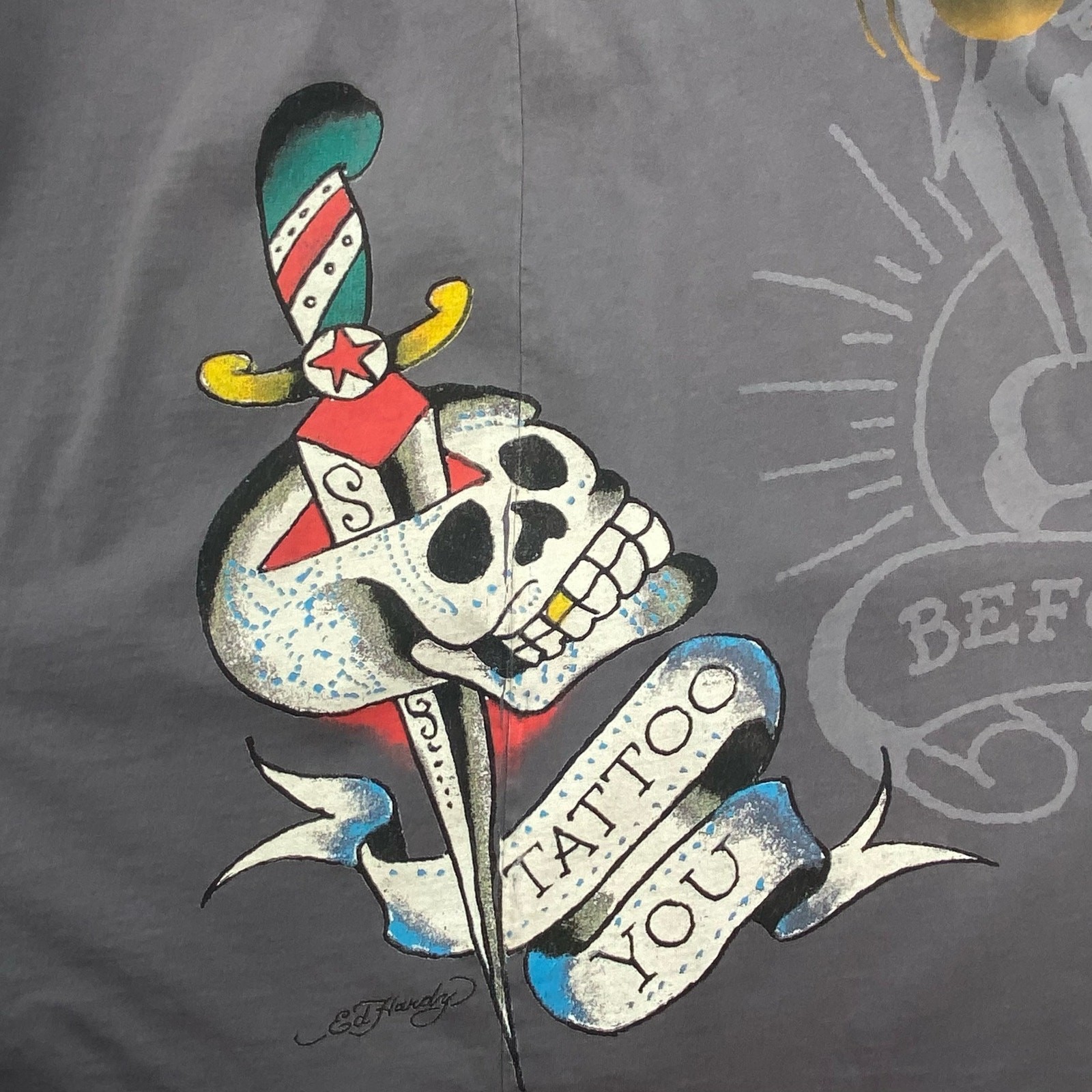 Y2K Ed Hardy Audigier Tattoo Art Skull Graphic Tee L Cotton Grey Made In USA gallery