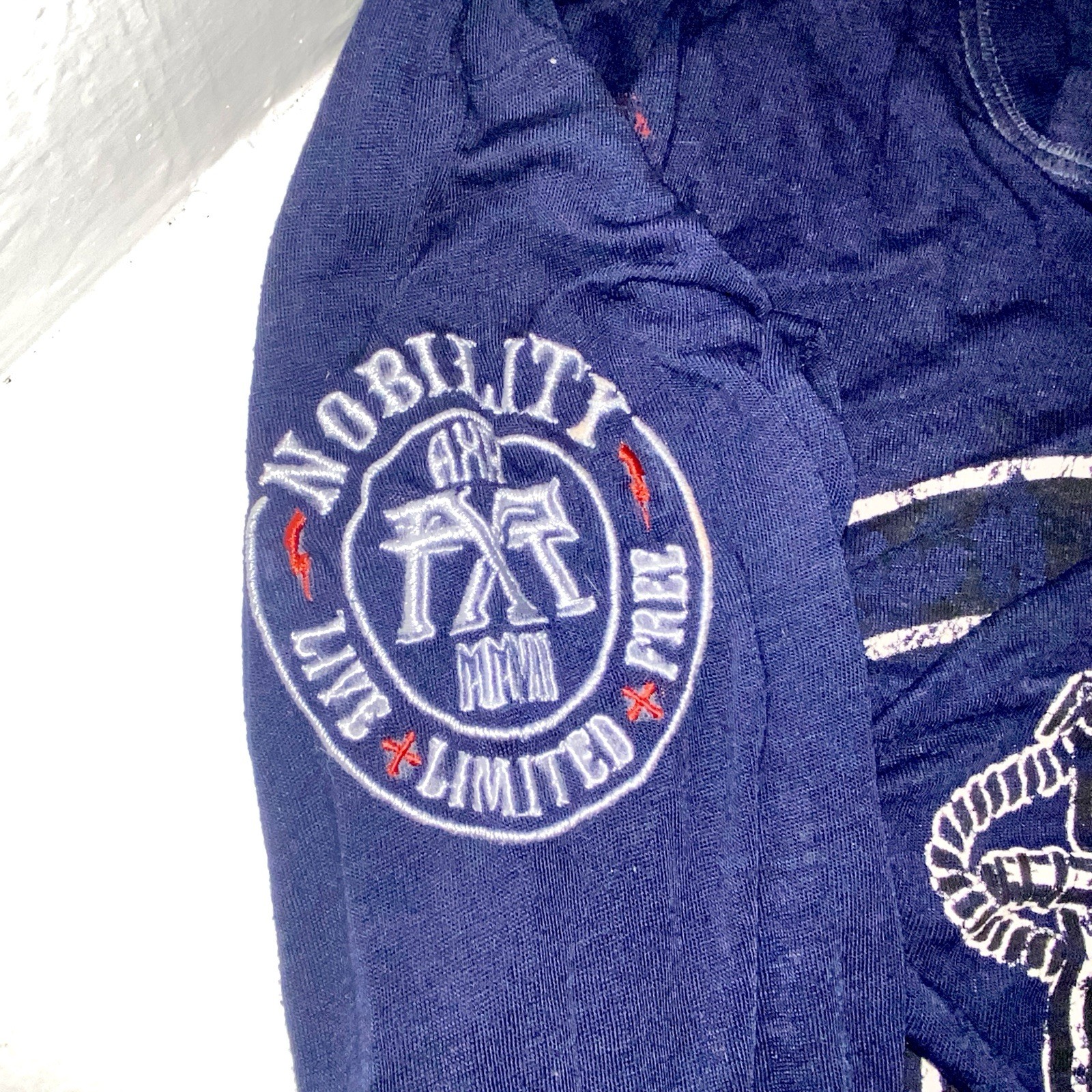 Men’s Sheer Nobility Graphic Long Sleeve Tee In Navy Blue and Crew Neck Size M gallery