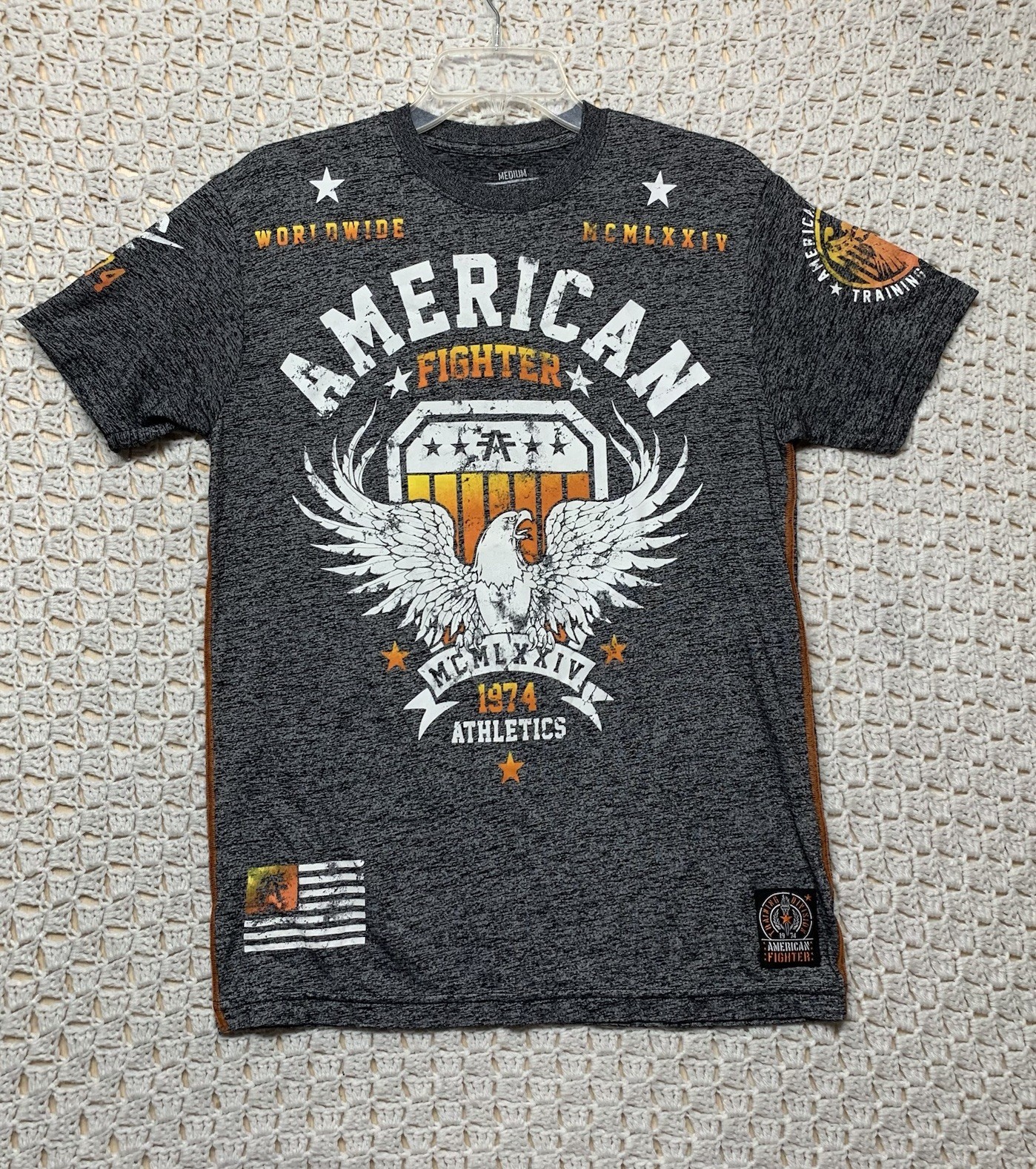 American Fighter Mens Graphic T-Shirt Size M Gray Orange White USA Made