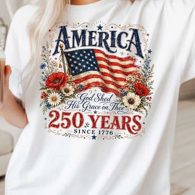 250 Years Flag & Poppies Shirt, Patriotic Floral ,God Shed His Grace on Thee Tee