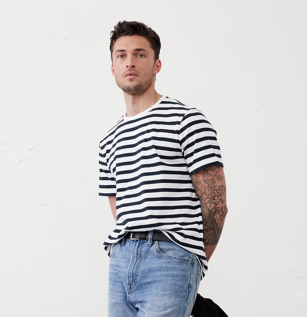 NWT BANANA REPUBLIC $35 Midweight Organic Cotton T-shirt, Navy Stripe, Sz L gallery