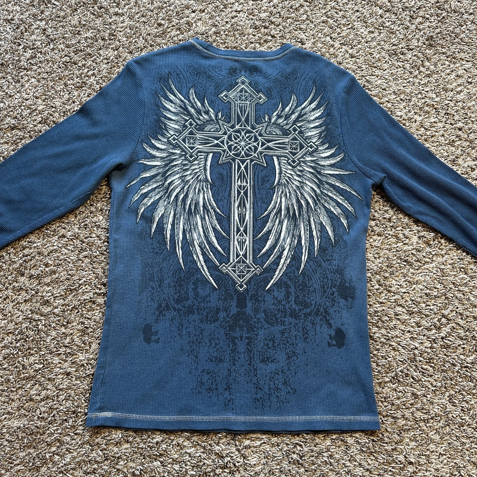 Vintage No Boundaries Thermal Shirt Size L Blue Y2K Skull Cross Wings Cyber Punk gallery