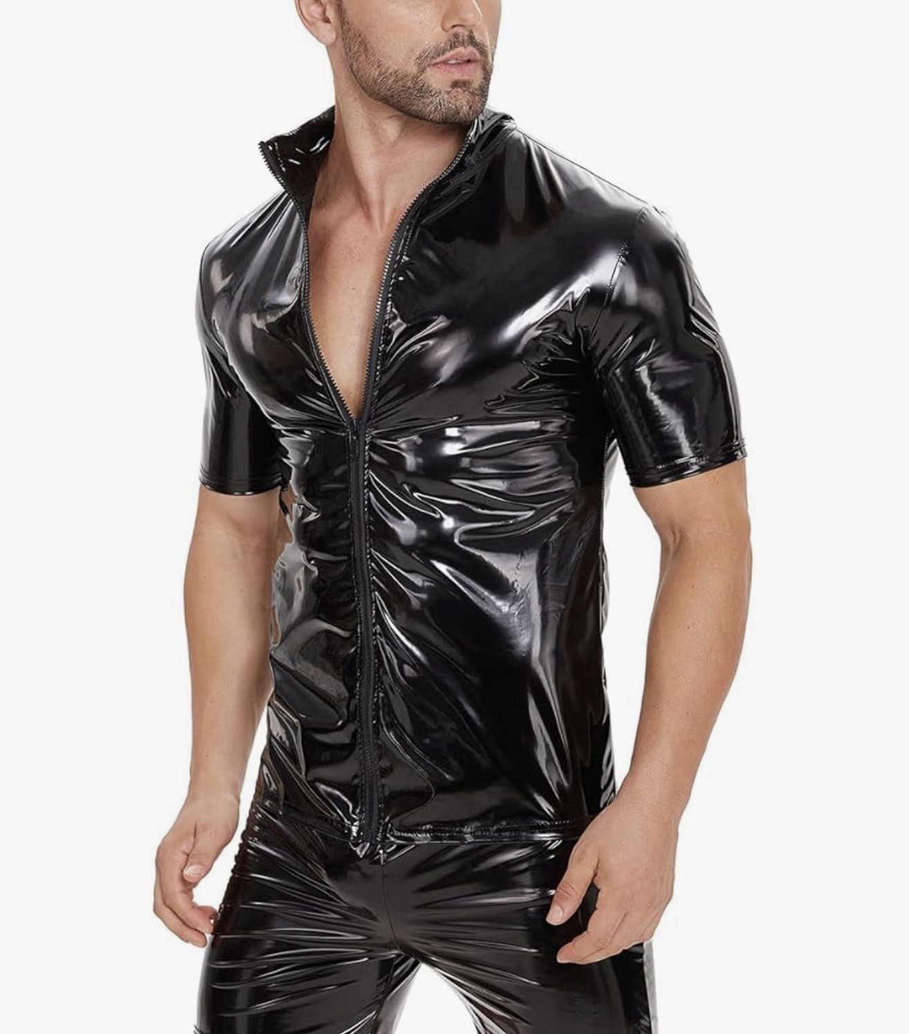 Men’s Sexy Leather Shirt Glossy Full Zipper Short Sleeve Shiny Male Medium gallery