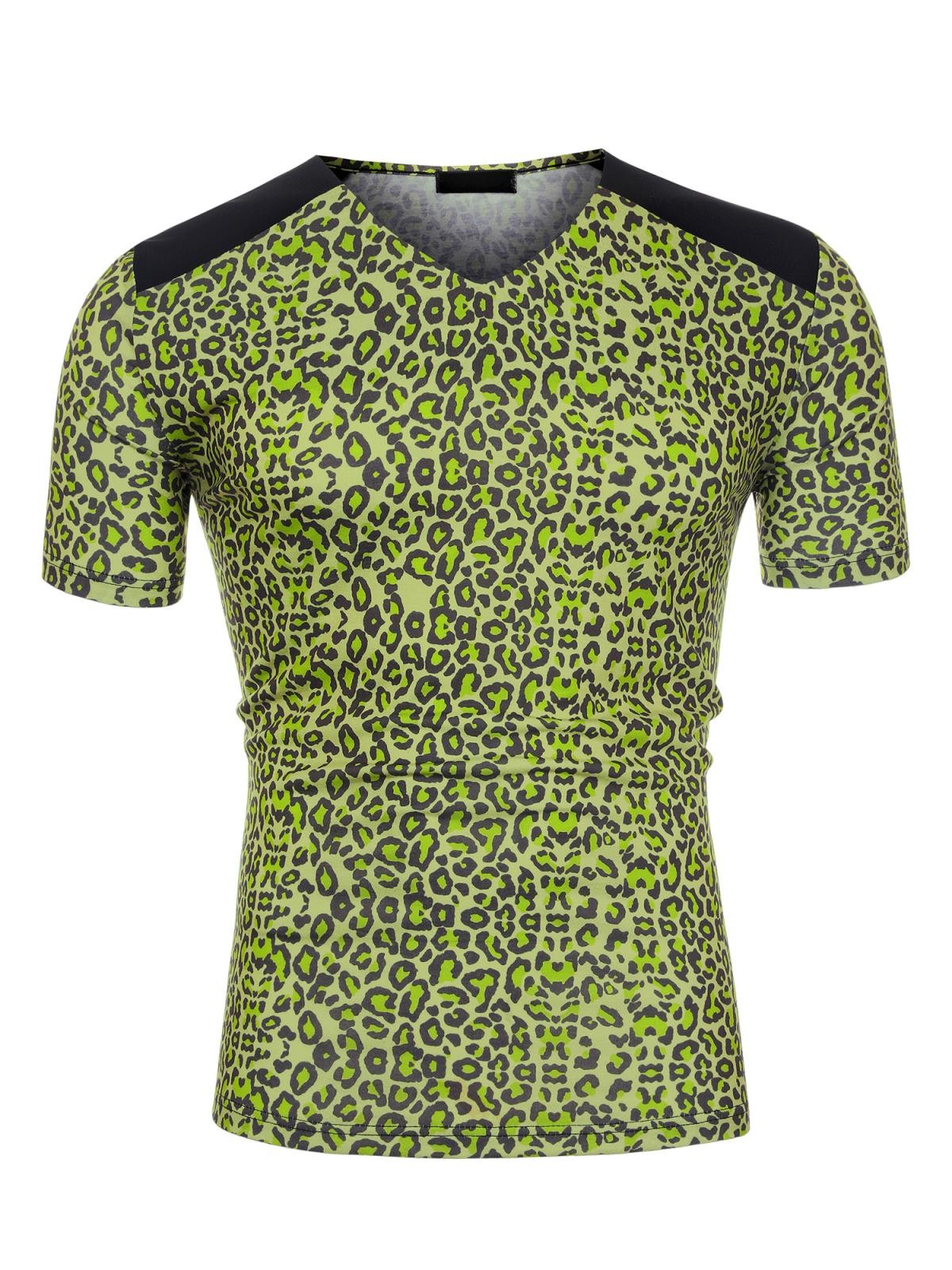 Men's V Neck Animal Print Short Sleeves T-Shirt Tops Green Black S gallery