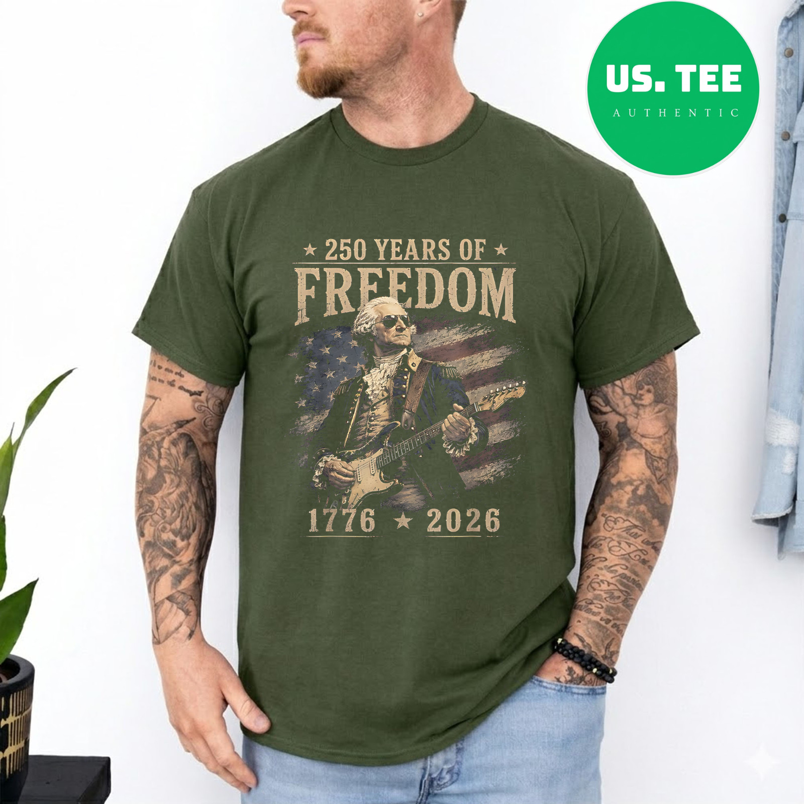 250th Anniversary George Washington Playing Guitar 4th July T-Shirt gallery