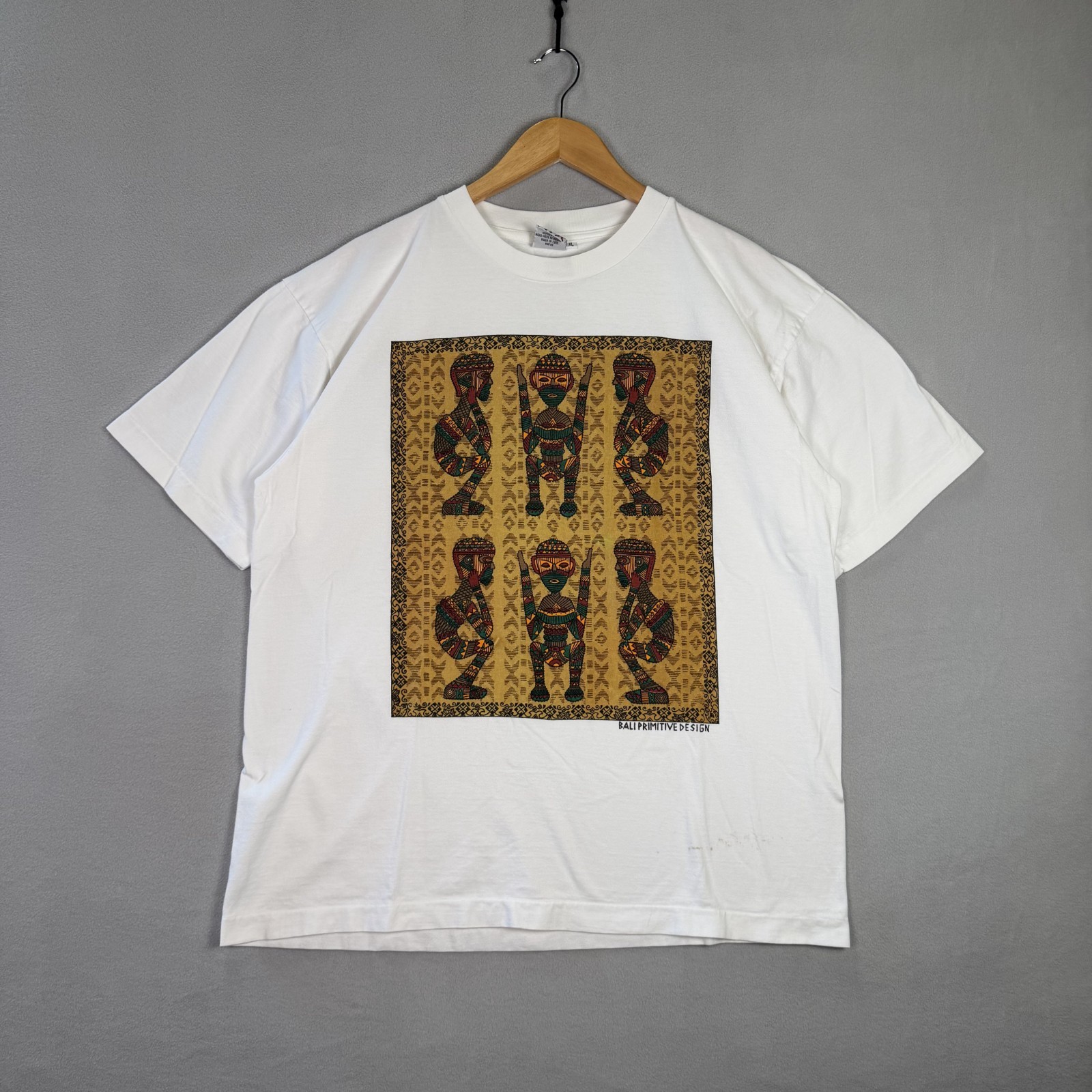 Vintage Art T Shirt Mens XL White Bali Primitive Native Hand Made Single Stitch