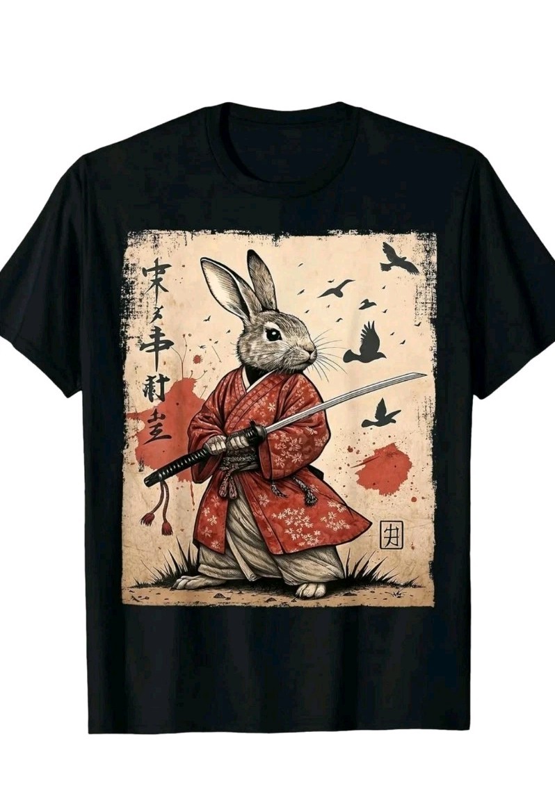 Samurai Rabbit Anime T-Shirt Japanese Retro Manga Graphic Streetwear Tee