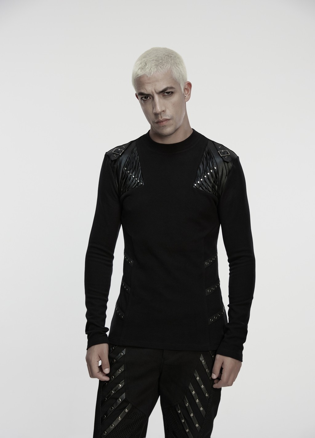 Punk Rave Men Black Gothic Handsome Punk Splicing Knitted T-Shirt Slim Fit Tops gallery