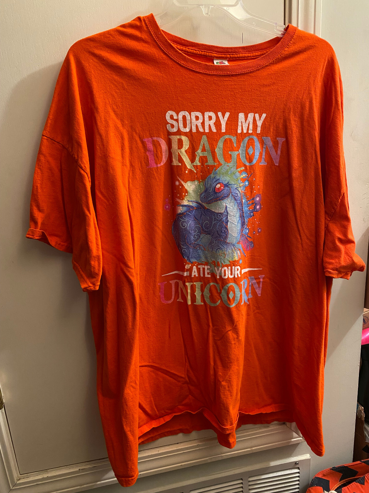 Cute Unique Sorry My Dragon Ate Your Unicorn Gift Unisex Orange T-Shirt NWOT 54" gallery