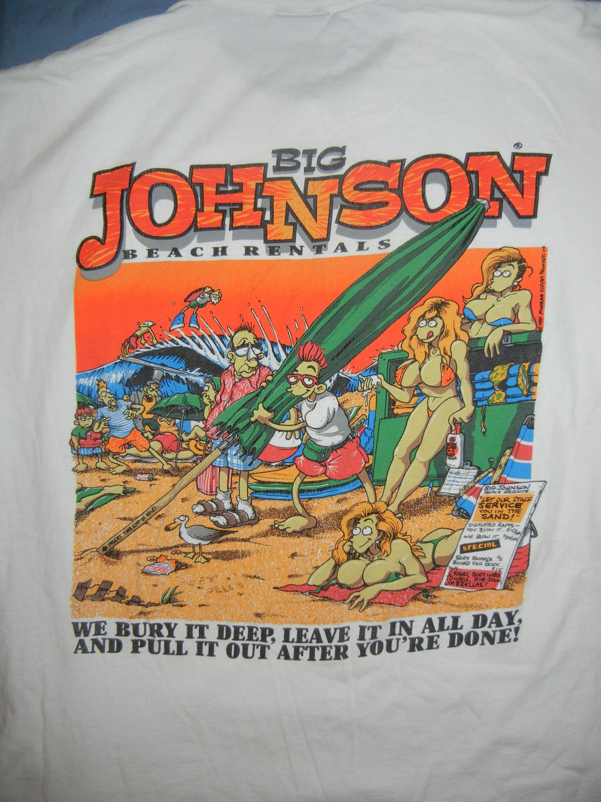 VTG Big JOHNSON t-shirt Beach Rentals LG white humor sex