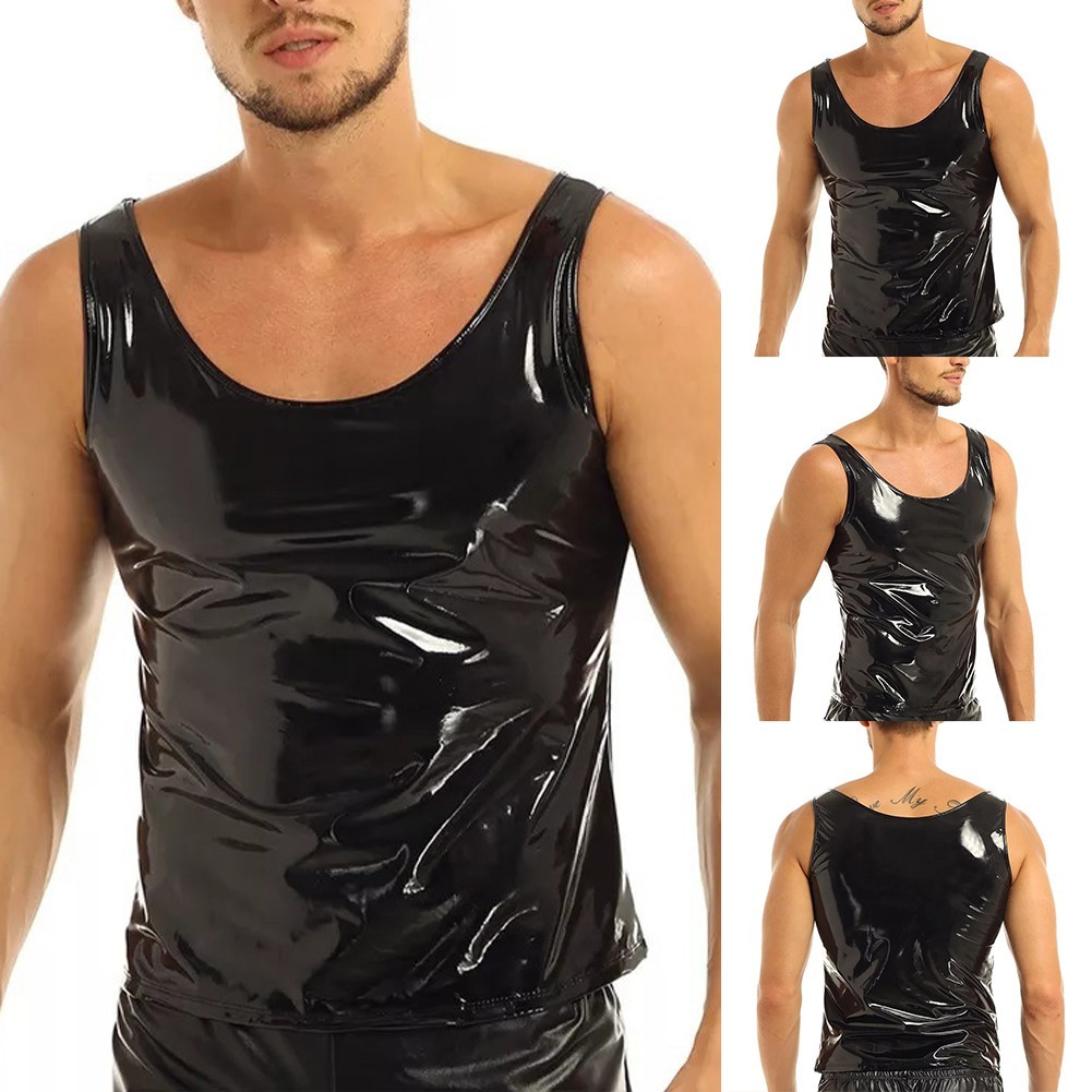 Top Men Crop Tops Men's Vest Mirror PVC Sexy Shiny Leather Sleeveless gallery