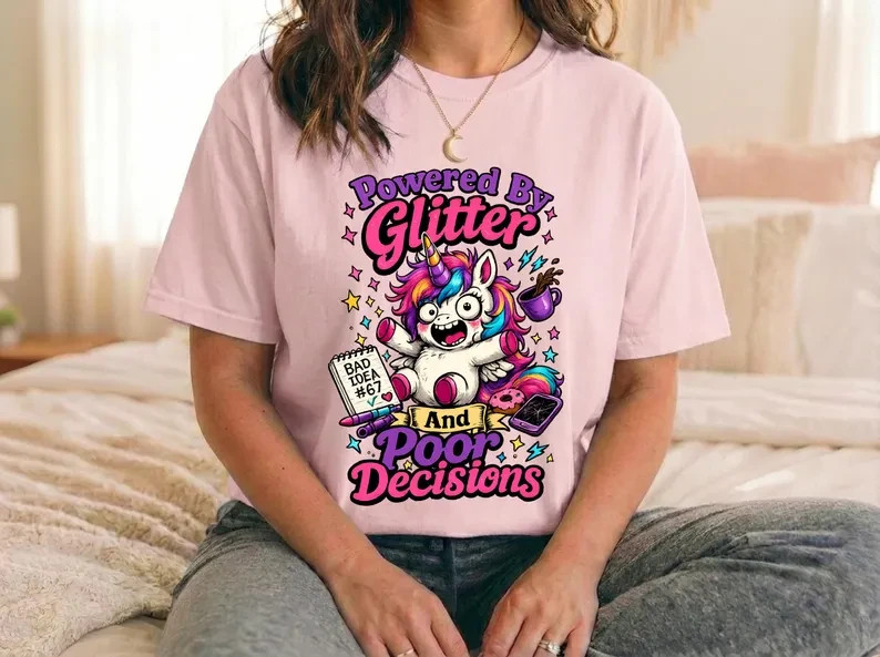 Powered By Glitter And Poor Decisions Graphic T-Shirt, Funny Unicorn Gift gallery