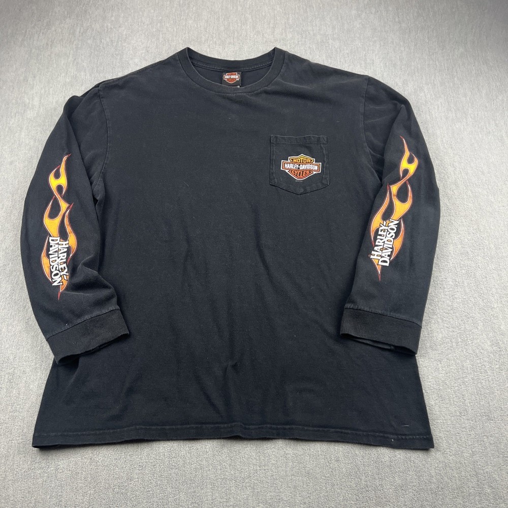 Vintage Harley-Davidson Flames Long Sleeve T-Shirt Sz XL Black Distressed Fader