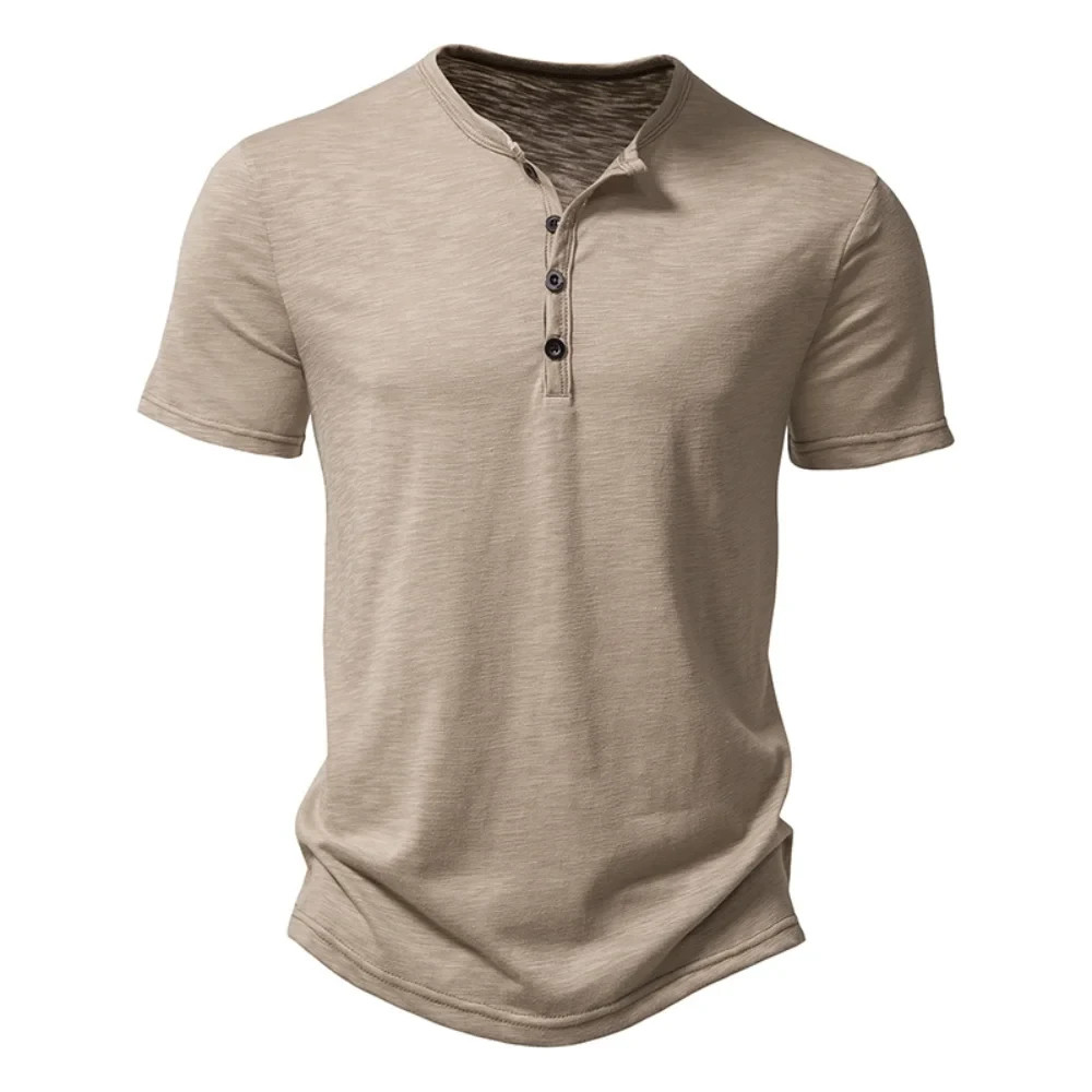 Henley Collar Summer Men Casual Solid Color Short Sleeve T Shirt for Men gallery