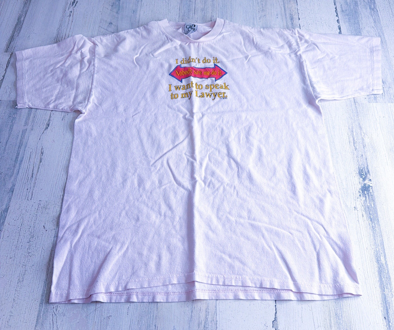 90s I Didnt Do It Funny Pink/White Tee Size Large Single Stitch 1994 Cal Cru USA