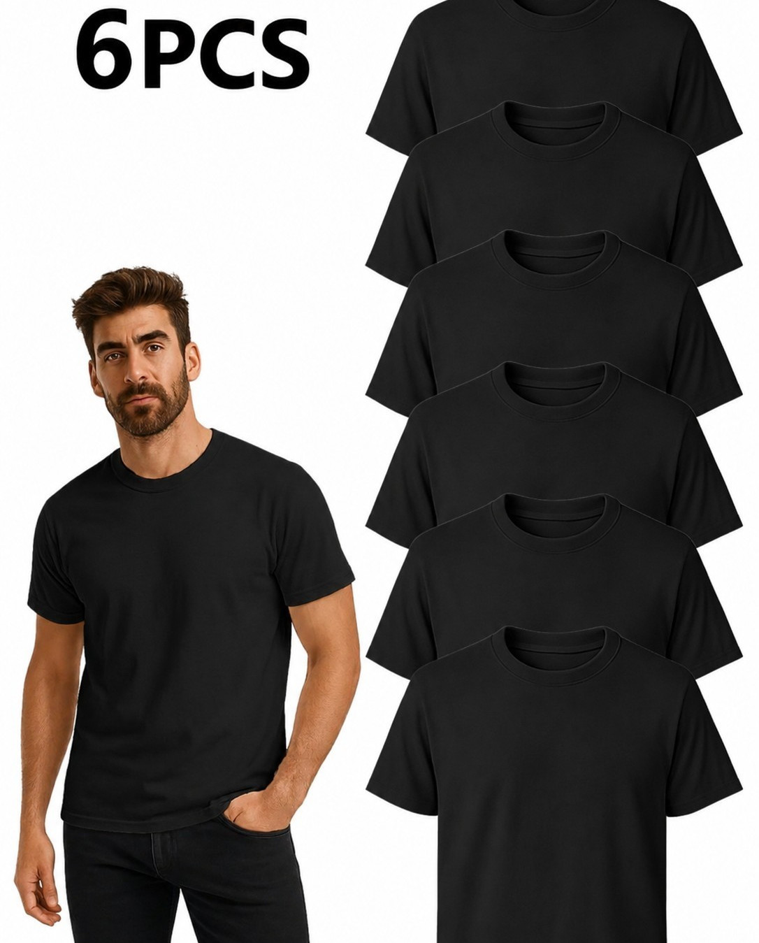 Men's 6 Pack Black Crew Neck T-Shirts Regular Fit 220 GSM Casual Tees small-XL gallery