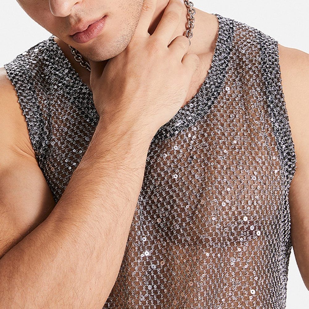 Mens Glitter Sheer See Through Fishnet Tank Top Sexy Mesh Muscle Vest S 3XL gallery