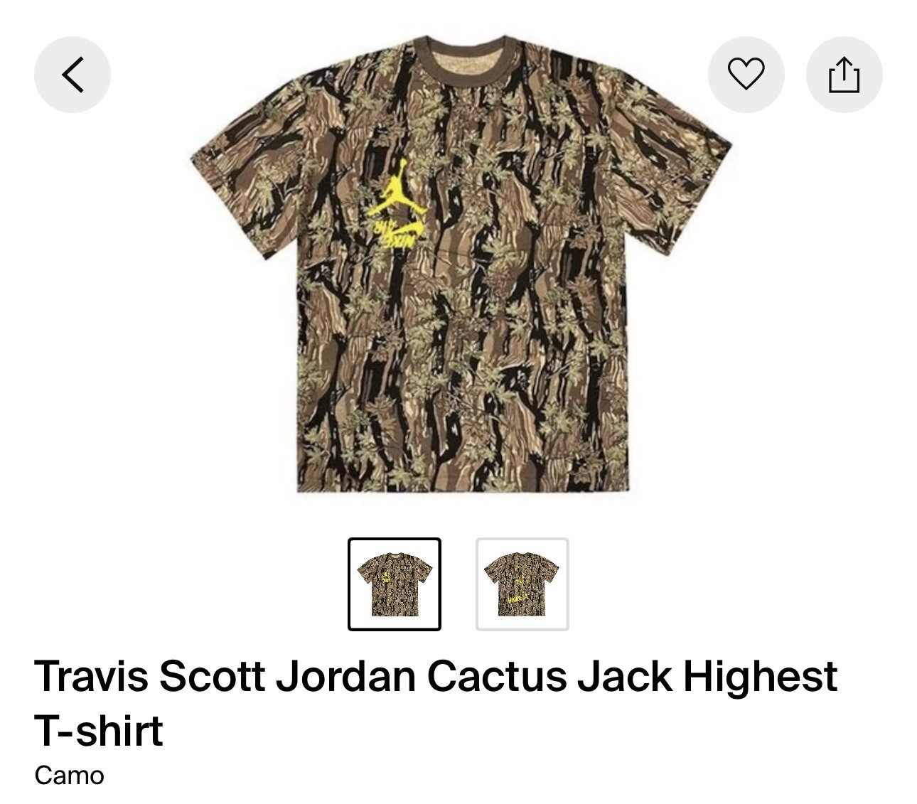 Travis Scott Jordan Cactus Jack Highest T-shirt Camo (size XL) gallery