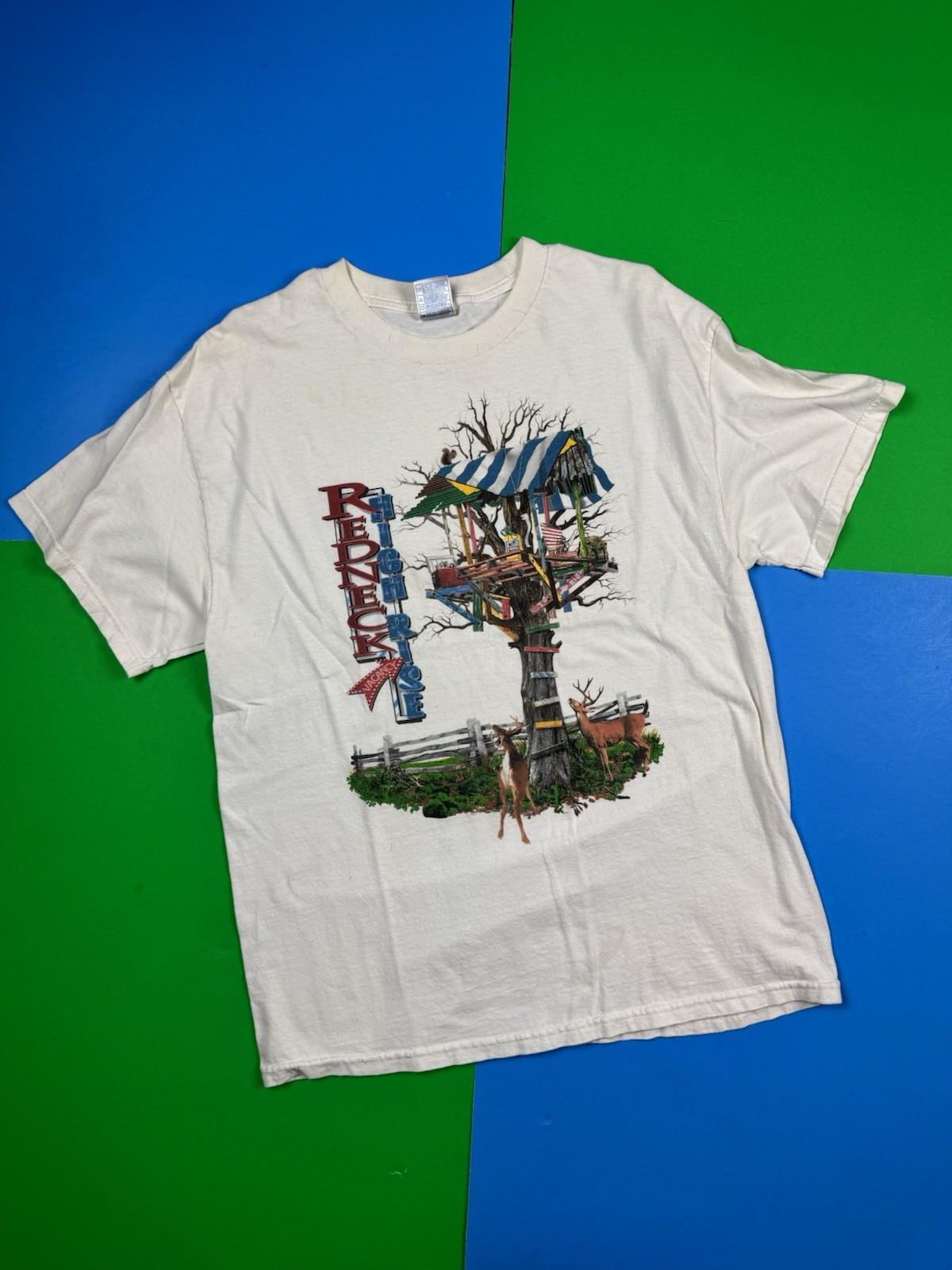 Vintage 90s Redneck High Rise Treehouse T Shirt Funny Deer Hunt Size Large White