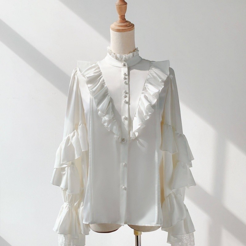 Men's White Gothic-style shirt long-sleeved Top unisex blouse gallery