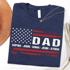 Personalized Dad Shirt Custom Kids Name Patriotic USA Flag 4th of July Gift Tee