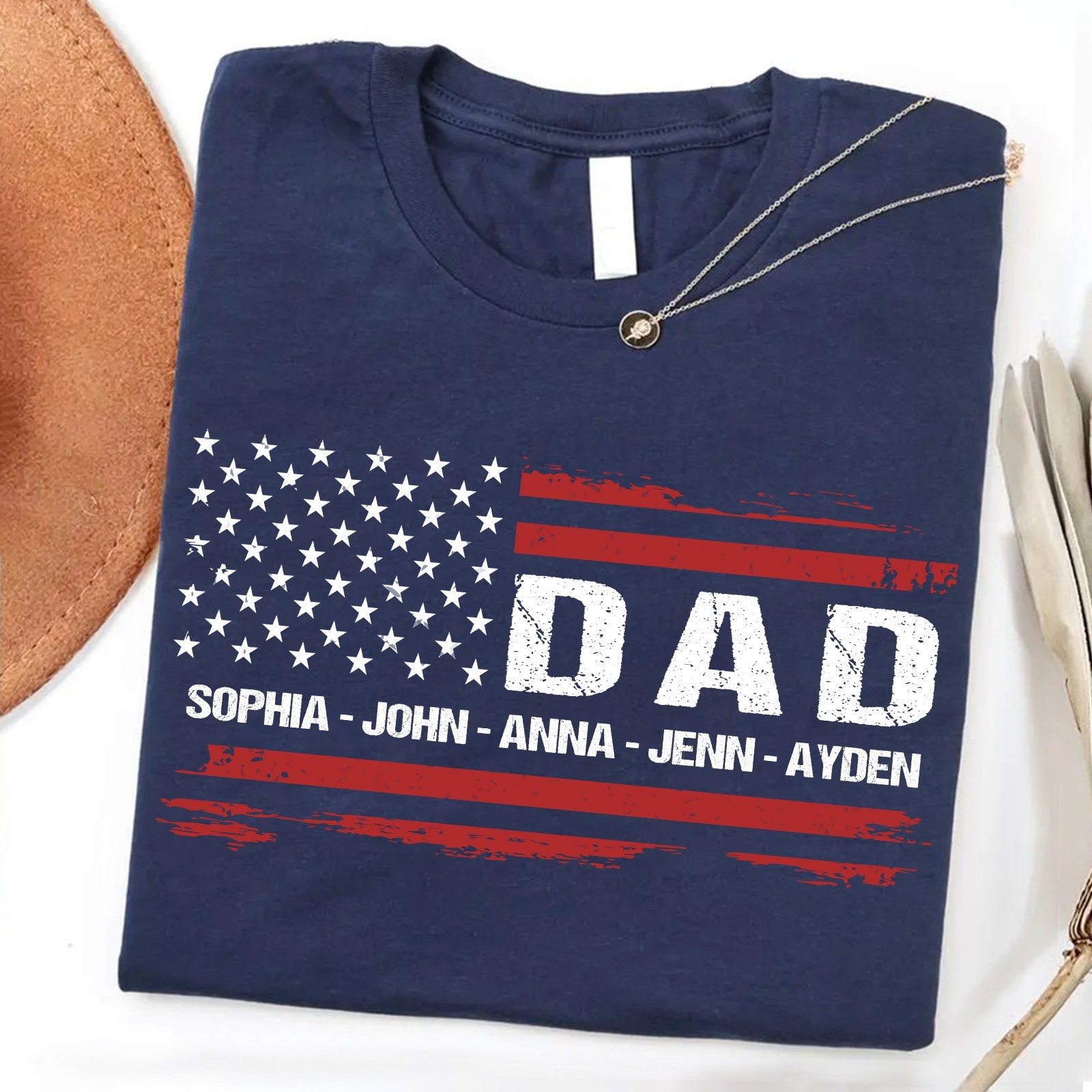 Personalized Dad Shirt Custom Kids Name Patriotic USA Flag 4th of July Gift Tee